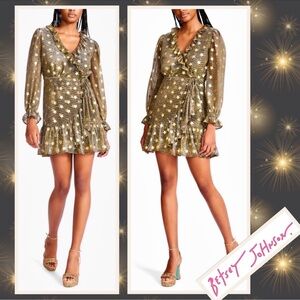 Betsey Johnson Black & Gold Metallic Star Print Statement Ruffle Mesh Mini Dress